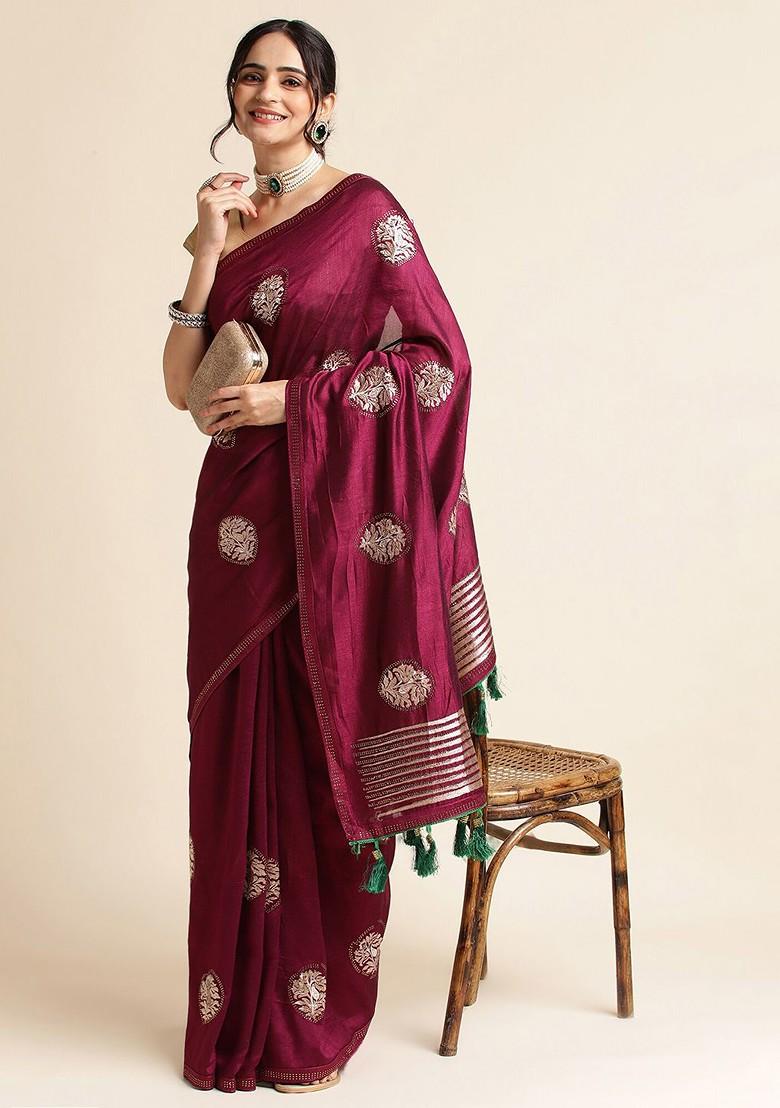 Purple Ethnic Motifs Embroidered Saree Set
