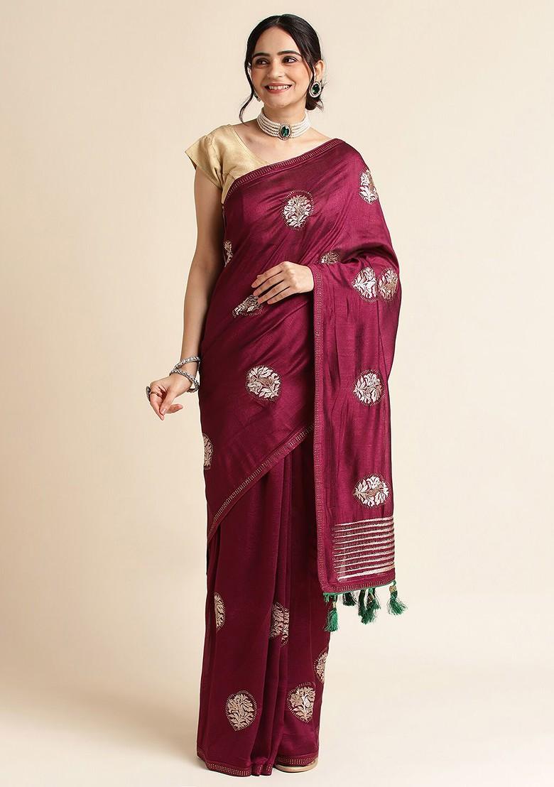 Purple Ethnic Motifs Embroidered Saree Set