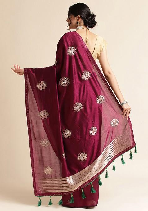 Purple Ethnic Motifs Embroidered Saree Set