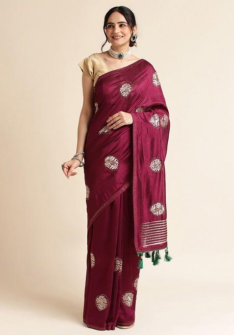 Purple Ethnic Motifs Embroidered Saree Set