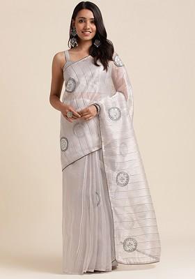 Grey Embellished Organza Saree Set