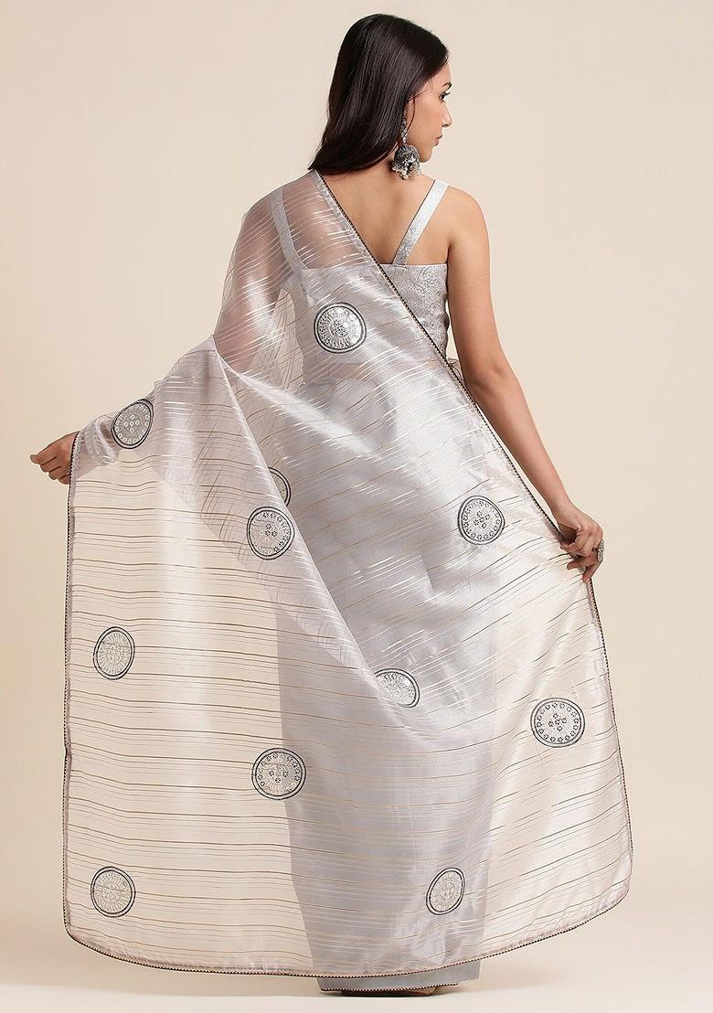 Grey Embellished Organza Saree Set - Indya