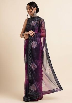 Purple Floral Print Bead Lycra Saree Set