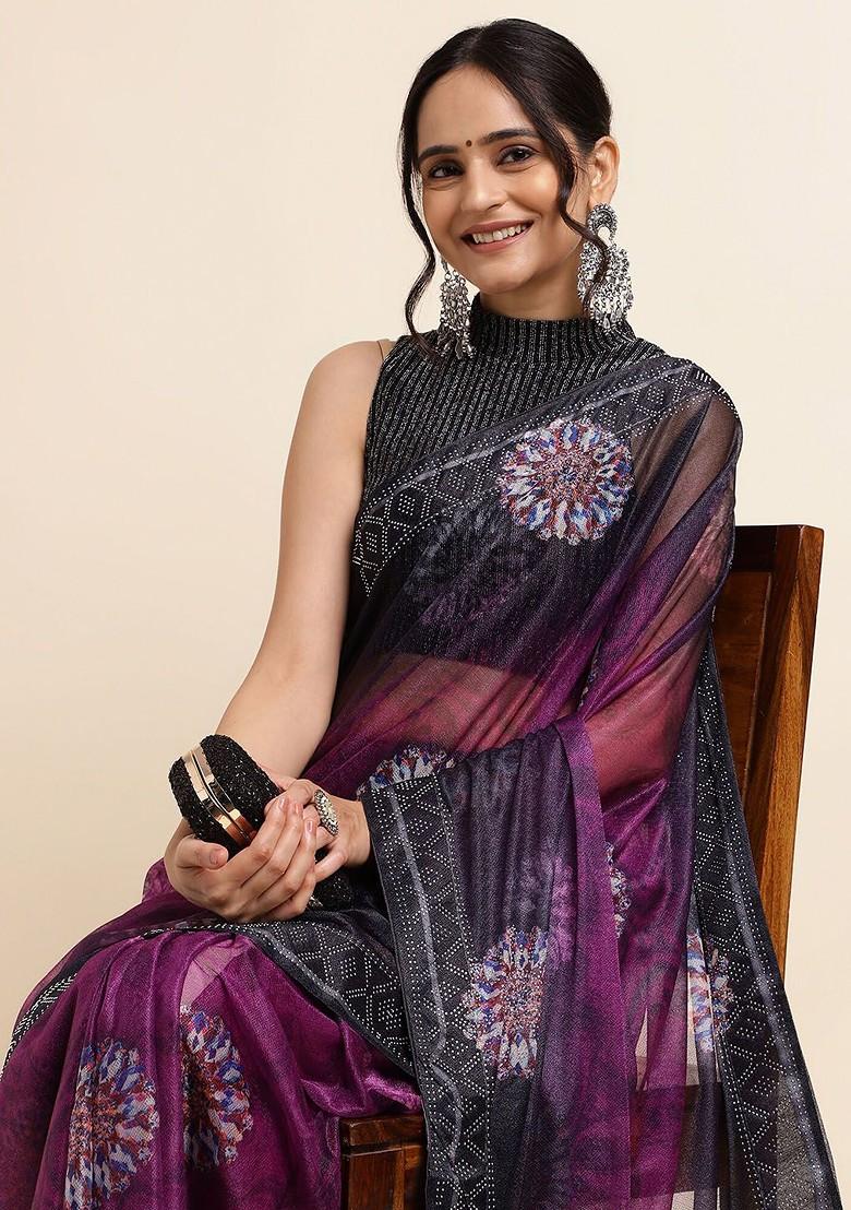 Purple Floral Print Bead Lycra Saree Set