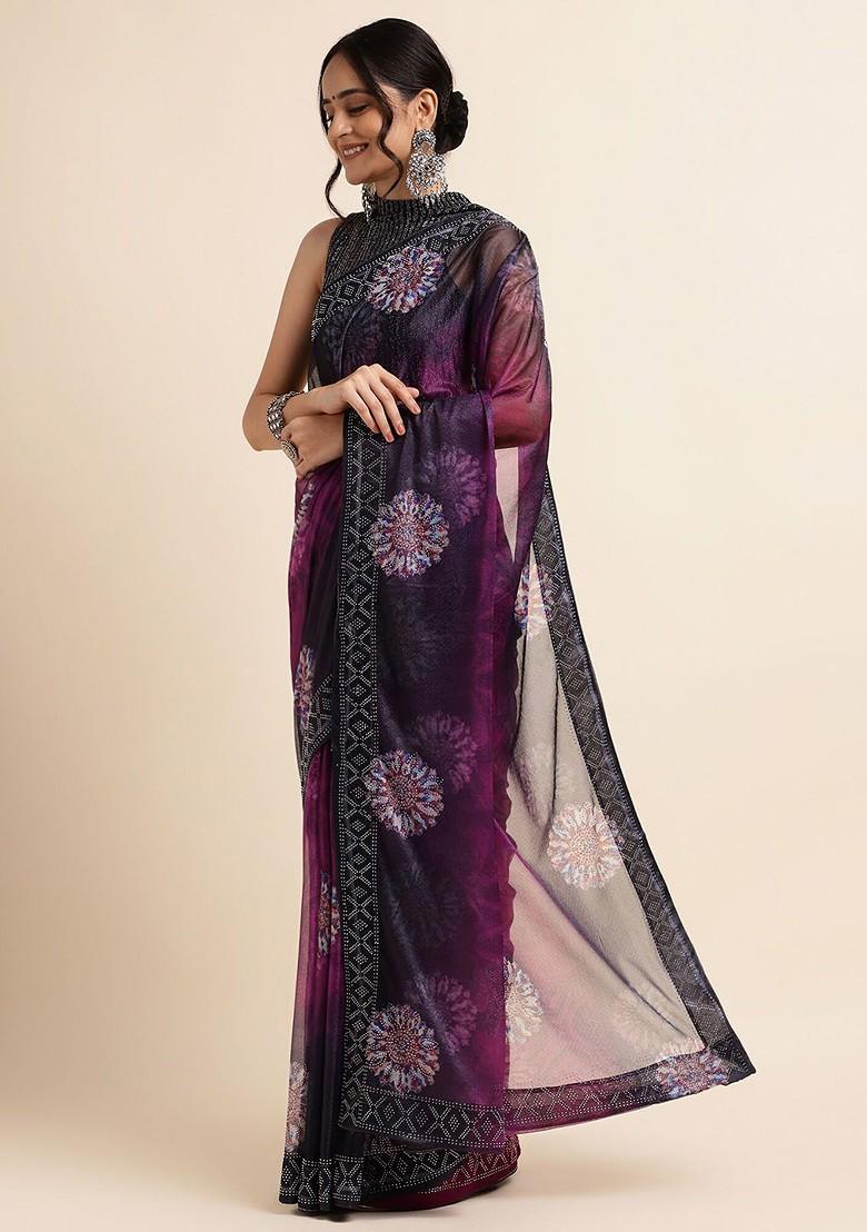 Purple Floral Print Bead Lycra Saree Set