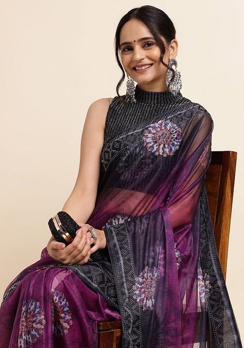 Purple Floral Print Bead Lycra Saree Set
