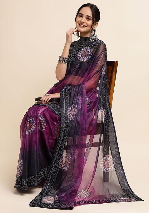 Purple Floral Print Bead Lycra Saree Set