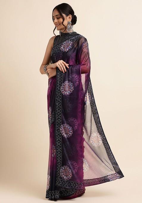 Purple Floral Print Bead Lycra Saree Set
