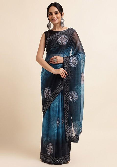 Blue Floral Print Bead Embellished Saree Set