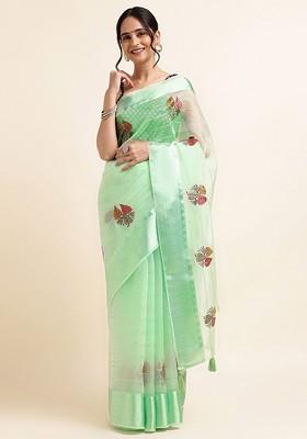 Green Floral Embellished Embroidered Organza Saree Set