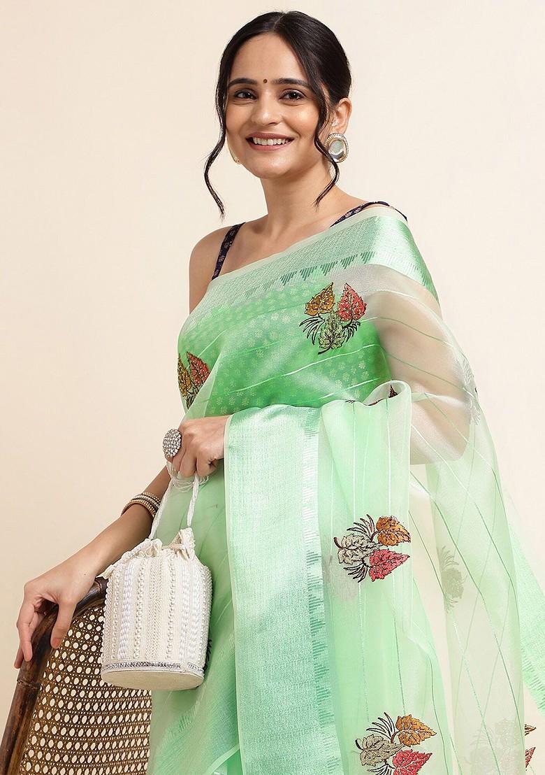 Green Floral Embellished Embroidered Organza Saree Set