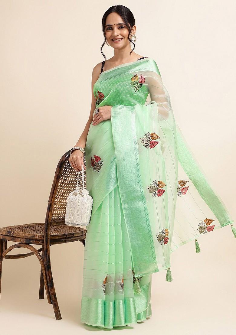Green Floral Embellished Embroidered Organza Saree Set