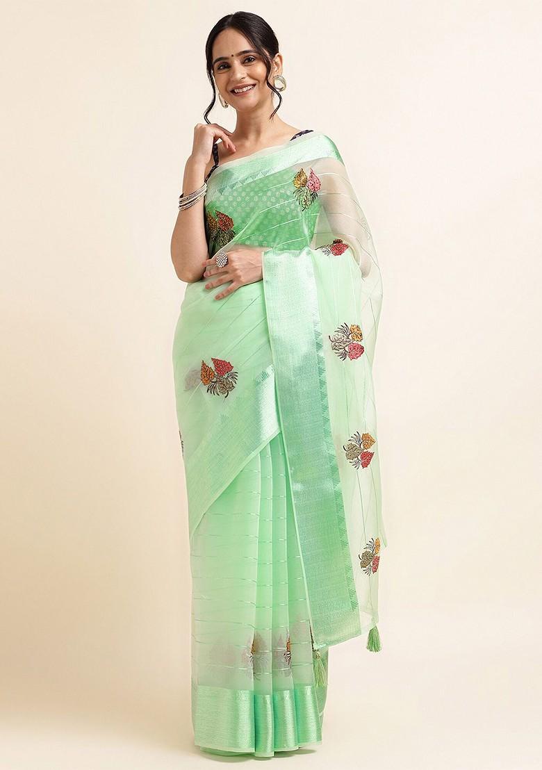Green Floral Embellished Embroidered Organza Saree Set