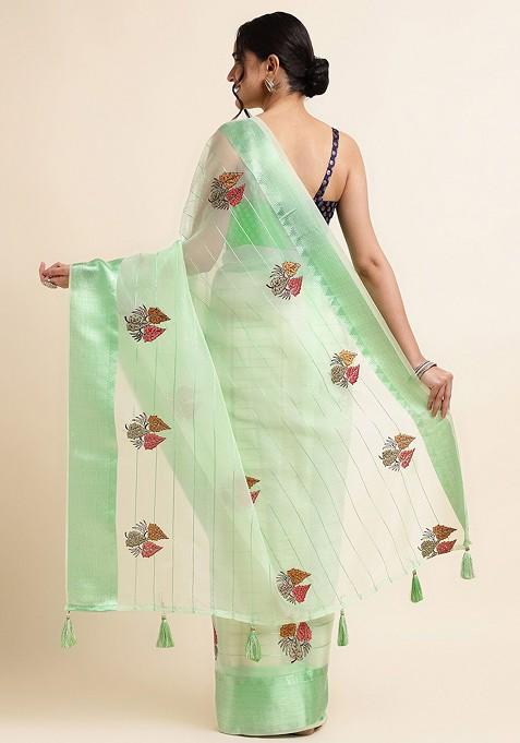 Green Floral Embellished Embroidered Organza Saree Set