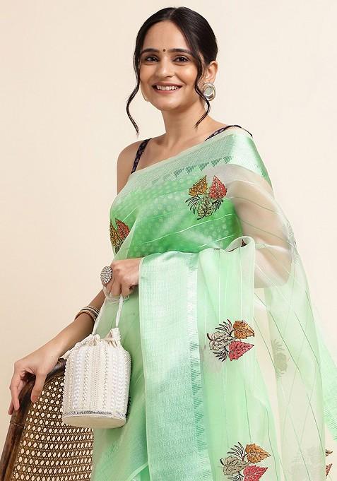 Green Floral Embellished Embroidered Organza Saree Set