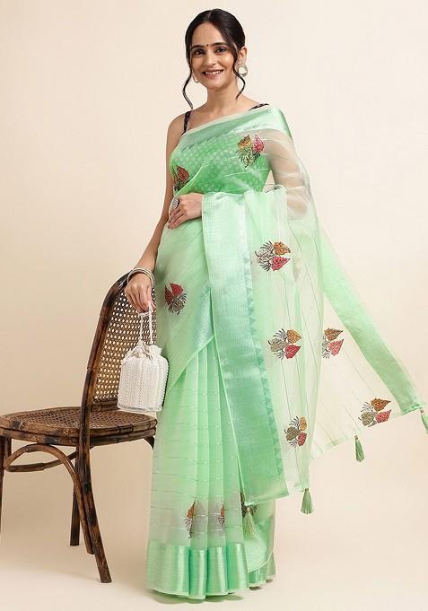 Green Floral Embellished Embroidered Organza Saree Set