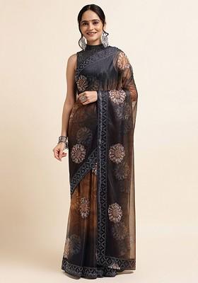 Orange Floral Print Bead Embellished Saree Set