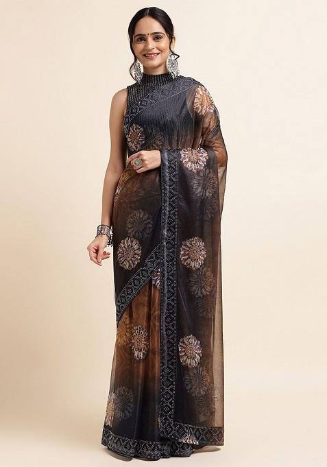 Orange Floral Print Bead Embellished Saree Set