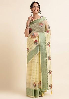 Yellow And Green Embellished Embroidered Organza Saree Set