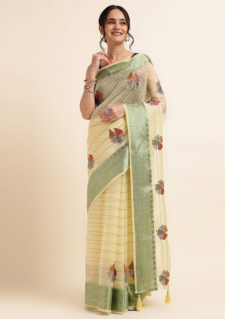 Yellow And Green Embellished Embroidered Organza Saree Set