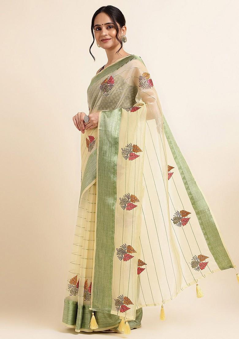 Yellow And Green Embellished Embroidered Organza Saree Set