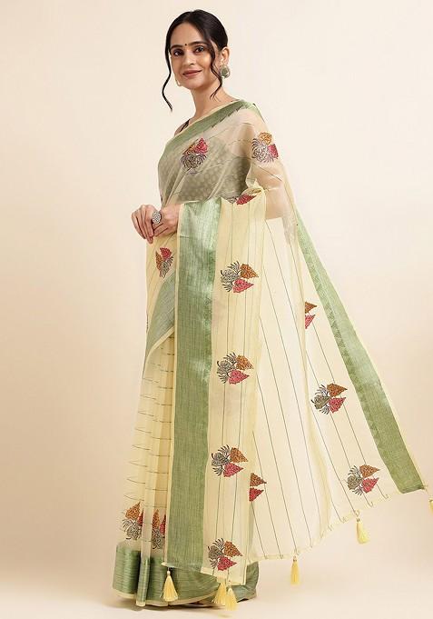 Yellow And Green Embellished Embroidered Organza Saree Set