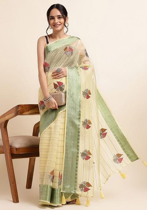 Yellow And Green Embellished Embroidered Organza Saree Set
