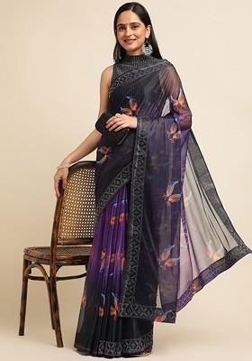 Purple Embellished Embroidered Saree Set