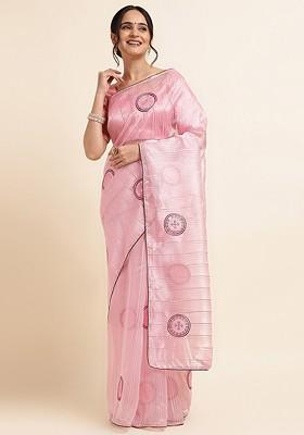 Pink Embellished Embroidered Organza Saree Set