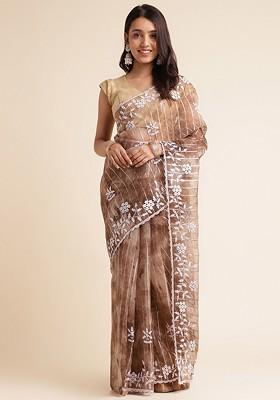 Cream Floral Embellished Embroidered Saree Set