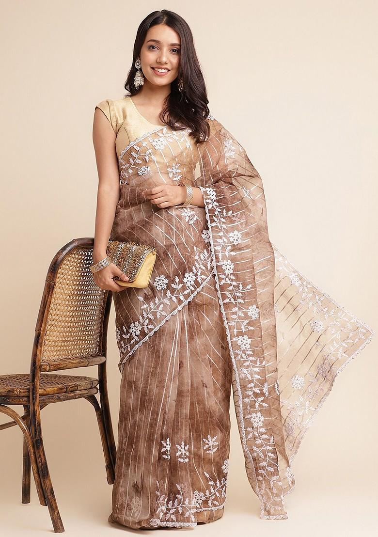 Cream Floral Embellished Embroidered Saree Set - Indya