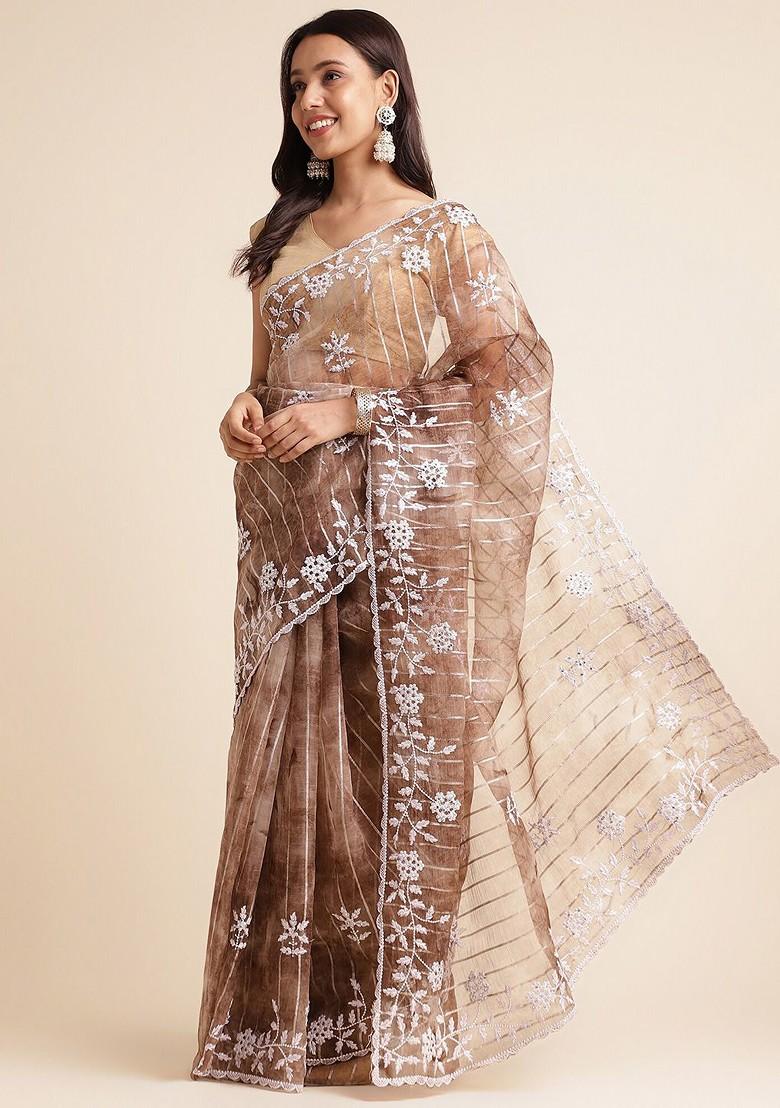 Cream Floral Embellished Embroidered Saree Set - Indya