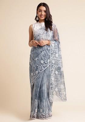 Grey Embellished Organza Saree Set