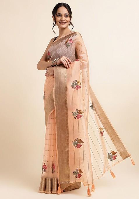 Peach Embroidered Organza Saree Set