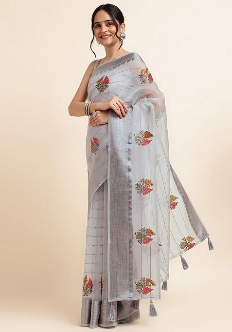 Grey Floral Embroidered Saree Set