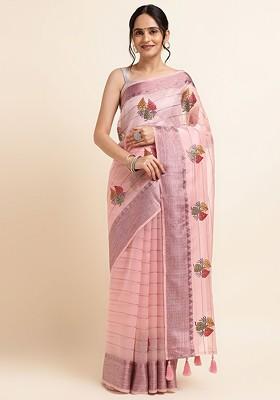Pink Embellished Embroidered Organza Saree Set