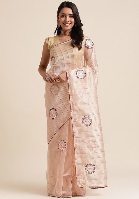 Peach Geometric Embroidered Organza Saree Set