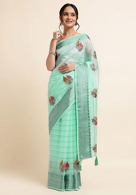 Sea Green Floral Embroidered Saree Set