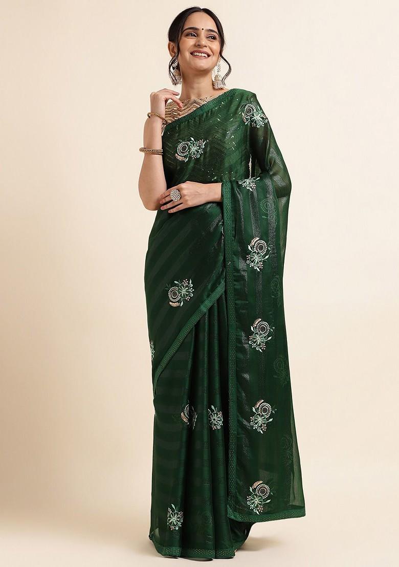 Green Embellished Embroidered Poly Chiffon Saree Set