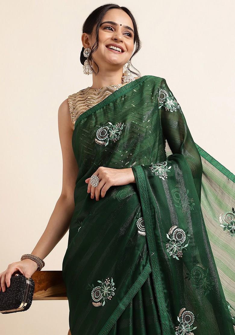 Green Embellished Embroidered Poly Chiffon Saree Set