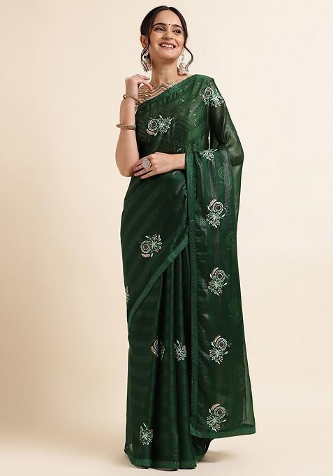 Green Embellished Embroidered Poly Chiffon Saree Set