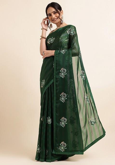 Green Embellished Embroidered Poly Chiffon Saree Set