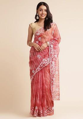 Maroon Floral Embroidered Organza Saree Set