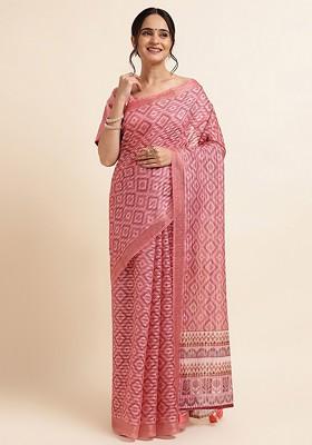 Pink Geometric Print Zari Saree Set