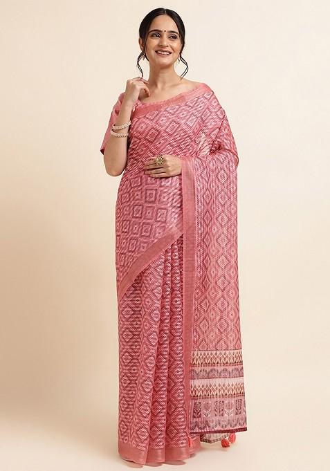 Pink Geometric Print Zari Saree Set