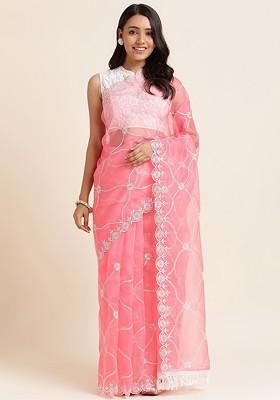 Pink Floral Embroidered Net Saree Set