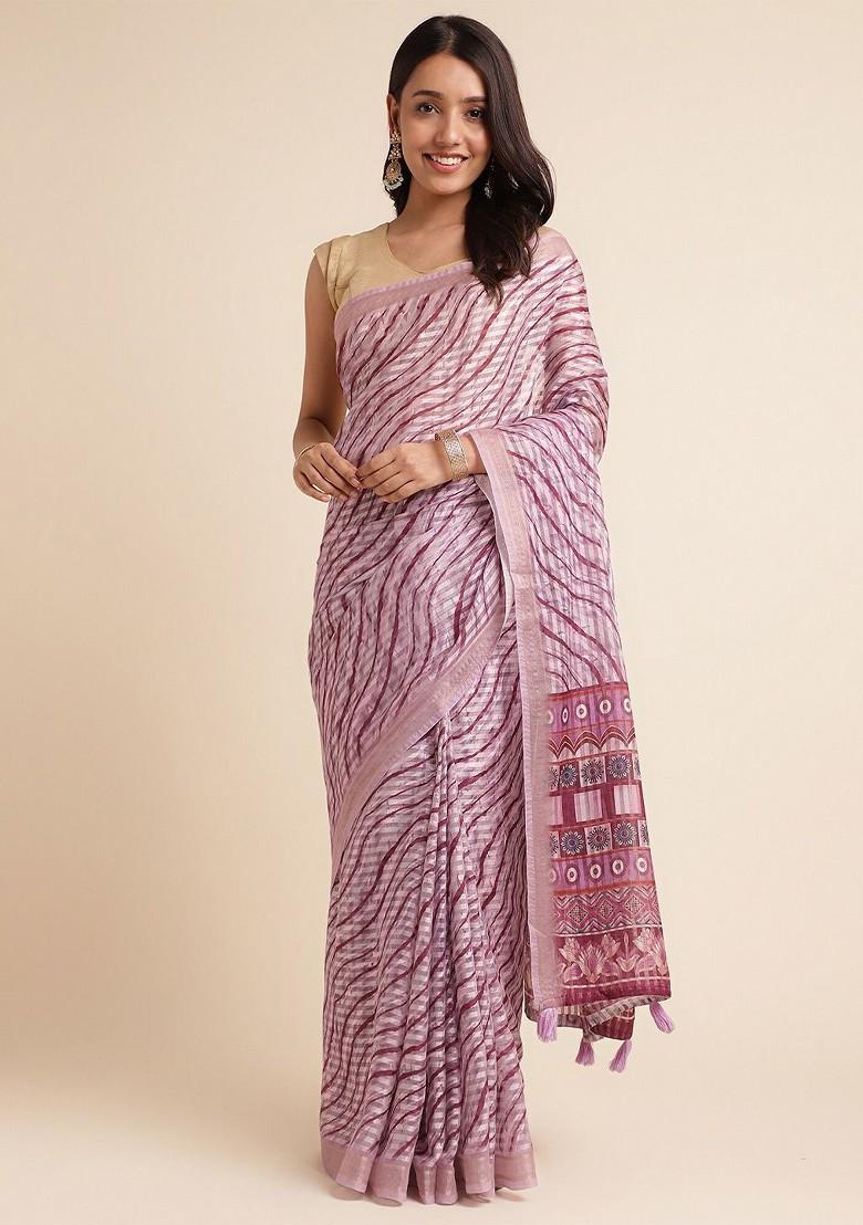 Lavender Printed Zari Leheriya Saree Set - Indya