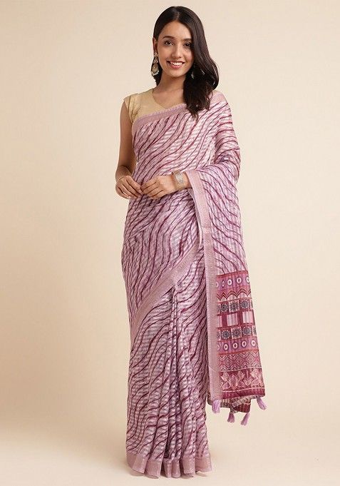 Lavender Printed Zari Leheriya Saree Set