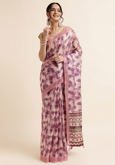 Lavender Printed Zari Saree Set