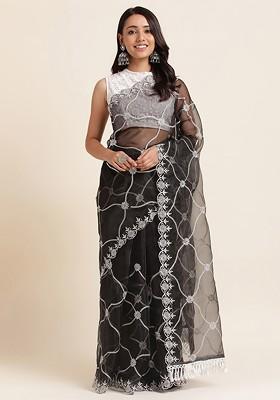 Black Ethnic Motifs Embroidered Net Saree Set